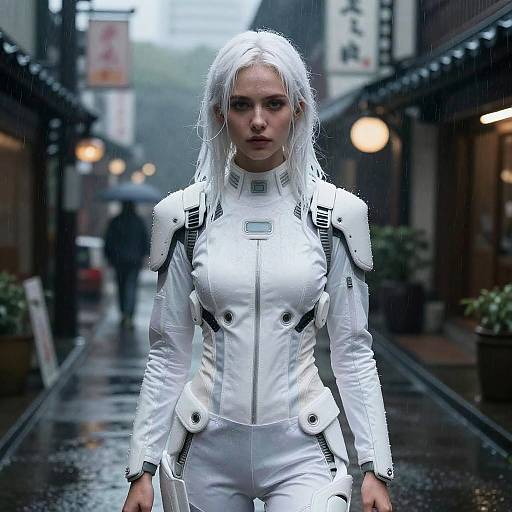Futuristic Woman in White Techwear on Rainy Japanese Street