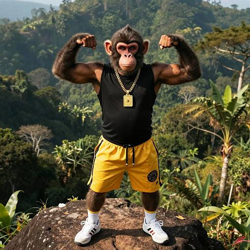 CGI image of a muscular monkey with dark fur, flexing arms, wearing a black sleeveless shirt, yellow shorts, white sneakers, and a