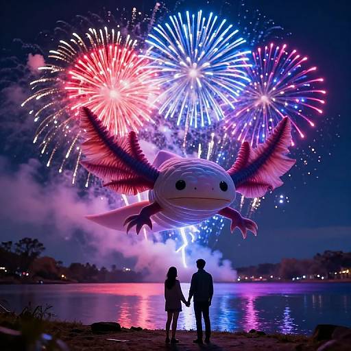 Photograph of a large, fish-like creature with pink fins above a lake at night, silhouetted couple holding hands, colorful fireworks exploding in