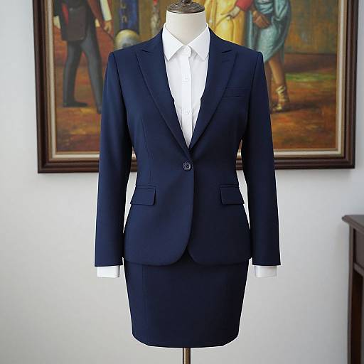 Photograph of a black tailored suit with white shirt on a mannequin, set against a wall with an impressionist painting.