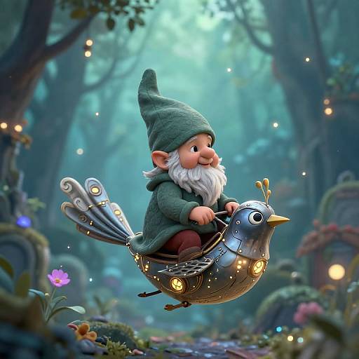Whimsical digital illustration of a cheerful, white-bearded gnome in a green hat, riding a glowing, metallic bird through a magical, enchanted forest