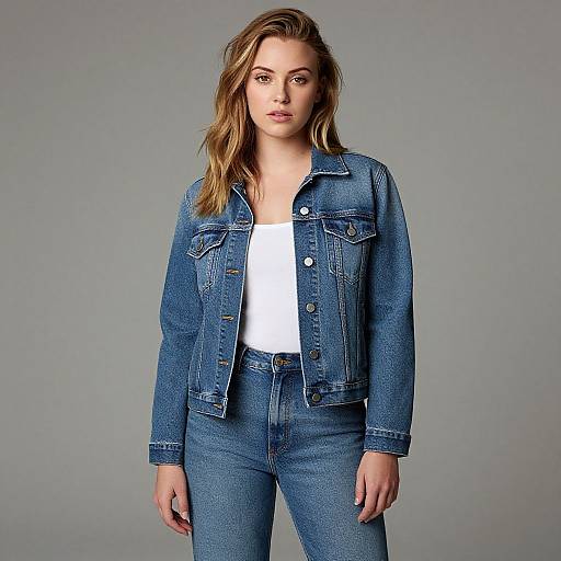 Photograph of a young woman with wavy blonde hair, wearing a blue denim jacket and matching high-waisted jeans over a white top, standing