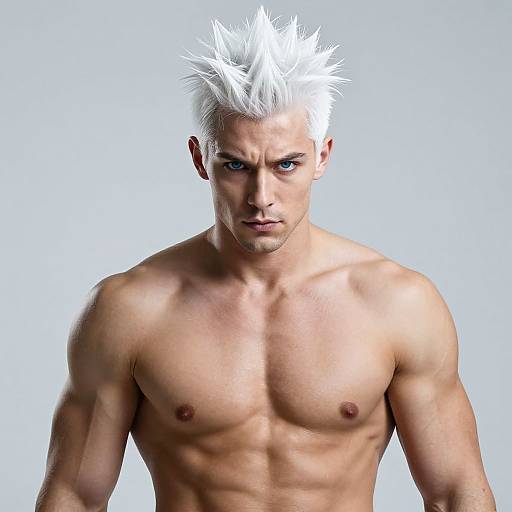 Photograph of a muscular, shirtless man with spiky white hair, blue eyes, and a defined chest, staring intensely forward against a plain white