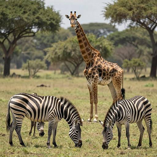 Zebras and Giraffe in Sunny Savanna