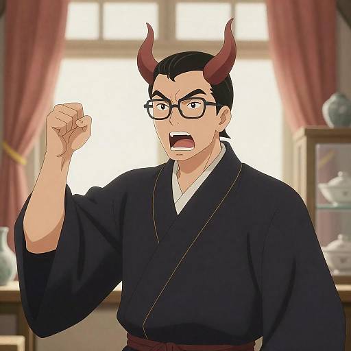Angry Asian Man with Red Horns Illustration