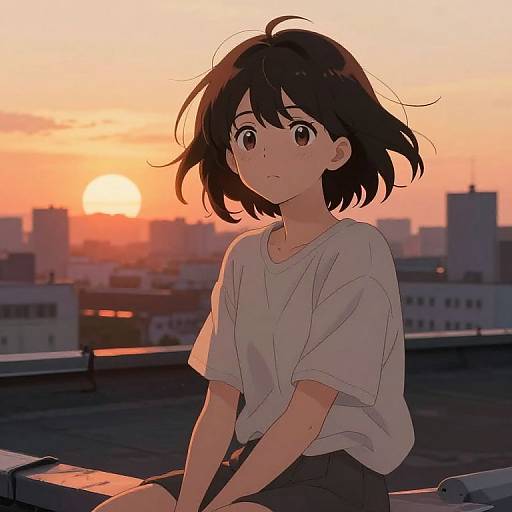 Contemplative Anime Girl on Rooftop