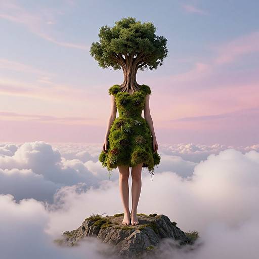 Digital art of a person with a tree for a head, standing barefoot on a rock amidst clouds at sunset.