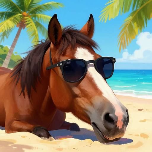 Digital art of a brown horse with a white blaze wearing black sunglasses, lying on a sunny beach with palm trees and clear blue ocean in the background.