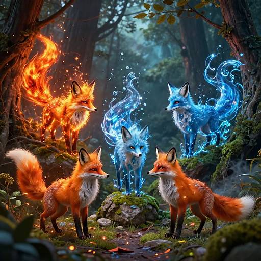 Digital artwork of four foxes: three in fiery orange and white, one in ethereal blue, standing in a mystical forest.
