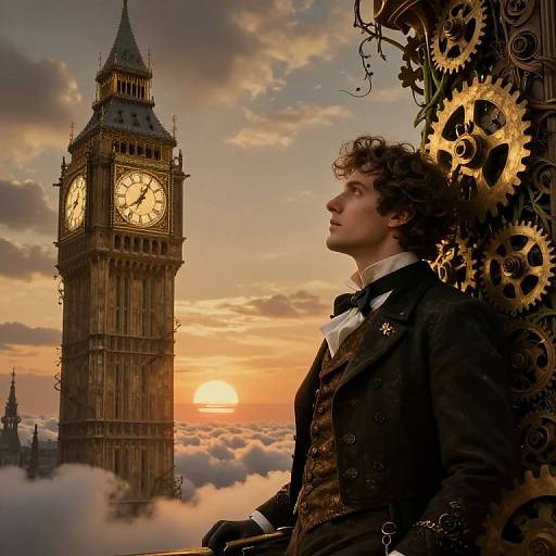 Photograph of a curly-haired man in Victorian attire with gears, gazing at sunset over the London Clock Tower.