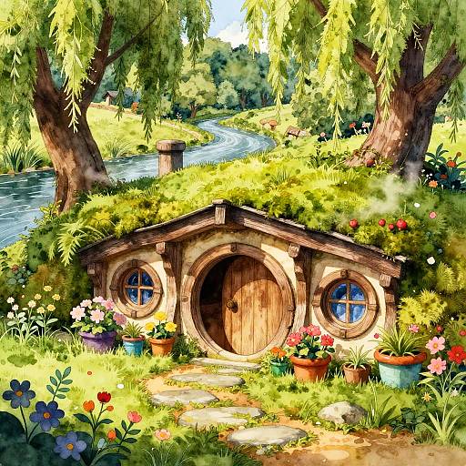 Colorful digital illustration of a whimsical, wooden hobbit house with round doors, surrounded by vibrant flowers, lush greenery, and a serene river