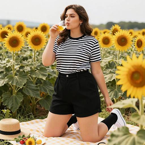 Photograph of a curvy woman with dark hair, wearing a striped shirt and black shorts, kneeling in a sunflower field, biting a sunflower