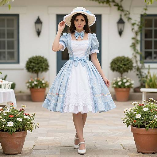 Photograph of a woman in a light blue, vintage-style, puffed-sleeve dress with white lace, white hat, and white shoes,