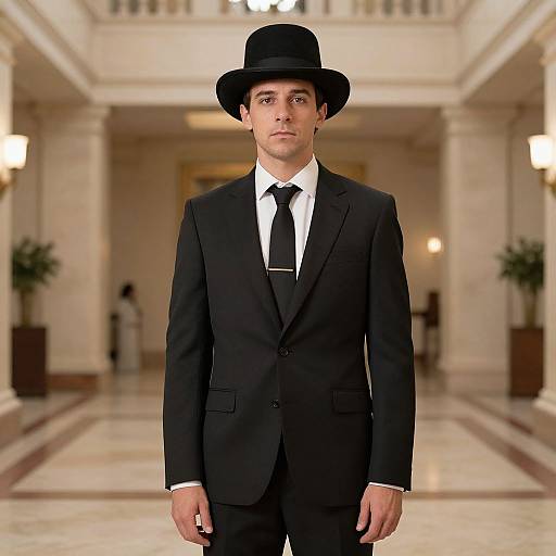 Photograph of a young man in a black suit, white shirt, black tie, and black bowler hat, standing in an elegant, marble-f