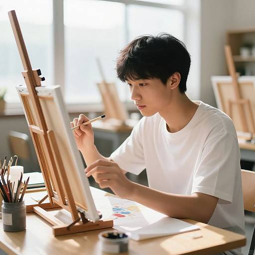 Photograph of an Asian male artist with short black hair, wearing a white t-shirt, painting at an easel in a sunlit studio.