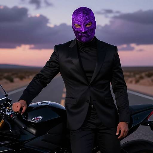 Photograph of a man in a black suit, purple mask with intricate patterns, standing on a motorcycle on a desert road at sunset.