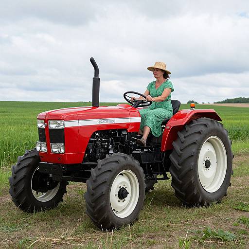 Photograph of a smiling woman in a green dress and straw hat, sitting on a bright red, four-wheel tractor in a green field under a cloudy