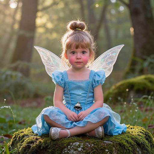 Photograph of a young girl with blonde hair in a bun, wearing a blue fairy dress and transparent wings, sitting on a mossy log in a