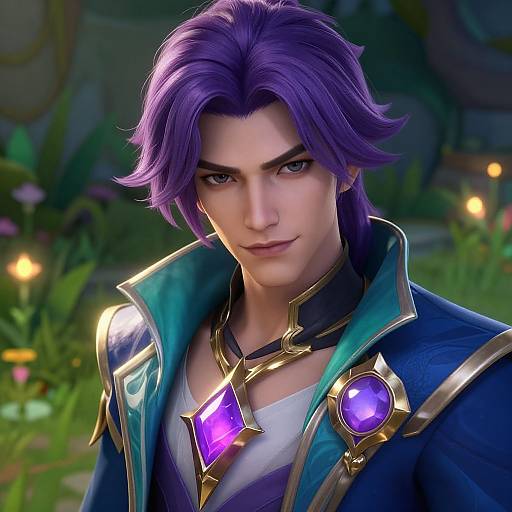 CGI portrait of a handsome male character with purple hair, wearing a blue and gold medieval-style robe with glowing purple gemstones, set against a blurred