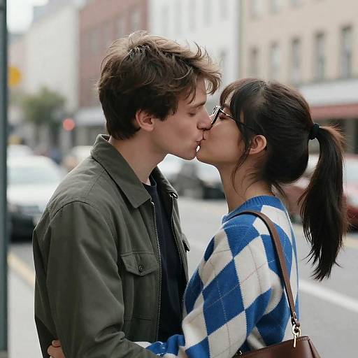 Young Couple Kissing on City Street