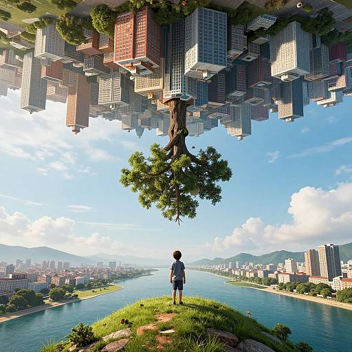 Surreal Floating Cityscape with Tree