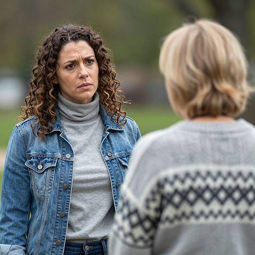 Concerned Woman in Denim Jacket Talking Outdoors