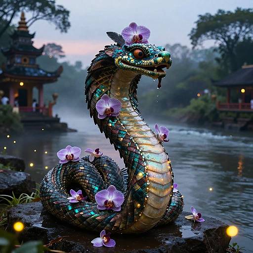 Digital artwork of a shimmering, serpent-like dragon adorned with purple orchids, set against a misty, moonlit Asian garden with traditional pavil