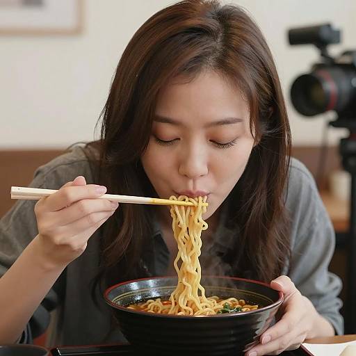 Asian woman eating ramen noodles