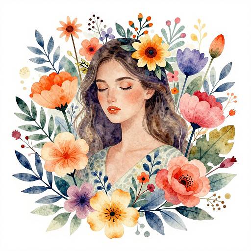 Vibrant Watercolor Woman with Flowers