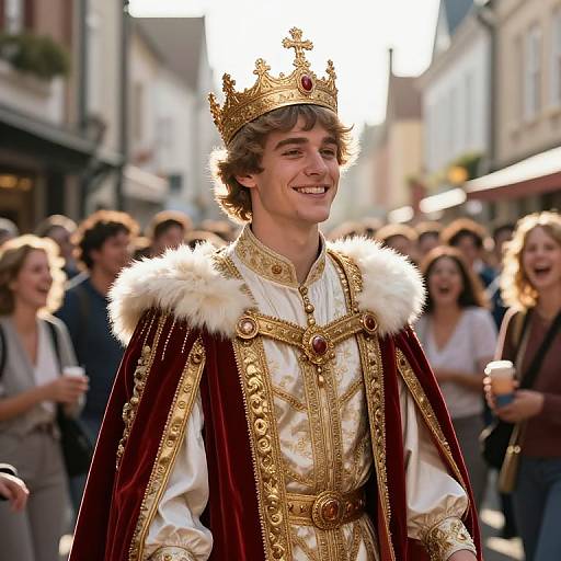 Photograph of a young, smiling man in a gold crown and ornate, red velvet royal robe with white fur trim, standing in a crowded,