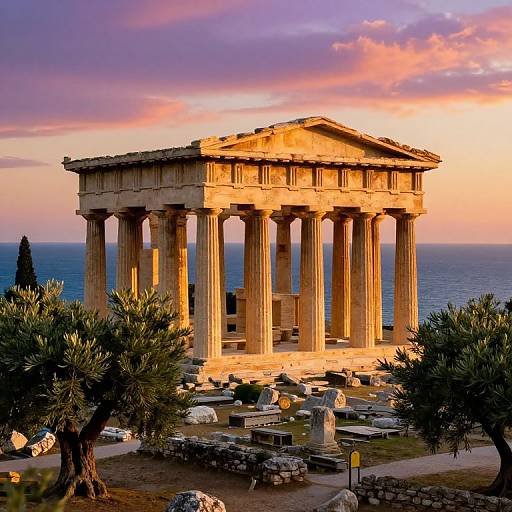 Photograph of the ancient Parthenon at sunset, bathed in golden light, with a pink and orange sky, surrounded by olive trees and ruins