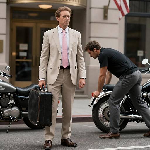 Two Men With Vintage Motorcycle on Street