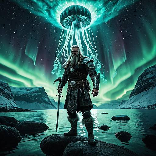 Viking Warrior with Jellyfish Nebula in Nordic Fjord