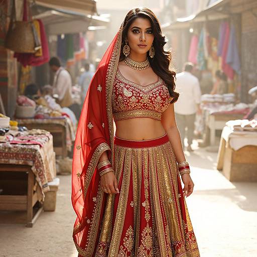 Photograph of a beautiful Indian woman in a red and gold traditional lehenga with intricate embroidery, standing confidently in a bustling, sunlit marketplace.