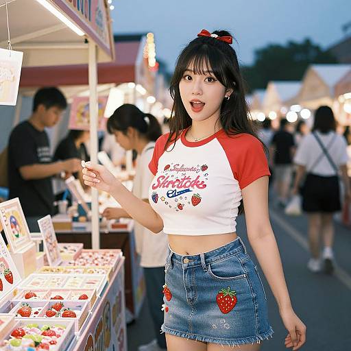 Photograph of an Asian woman with black hair, red bow, white red-sleeve crop top, and denim skirt with strawberry embroidery, standing at