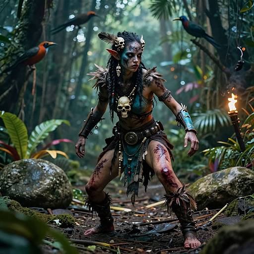 Photorealistic CGI of a fierce, tattooed, tribal warrior in a jungle, adorned with skull necklace, horns, and furs, surrounded by