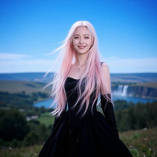 Photograph of a smiling young woman with long, platinum blonde hair, wearing a black, off-shoulder dress, standing in a bright blue sky