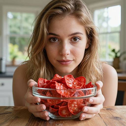Young Woman with Red Chips Bowl