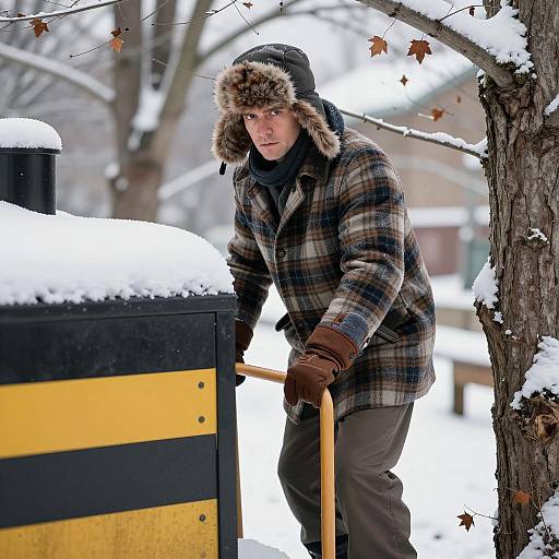Man in Plaid Coat with Fur Hat Operating Snow-Covered Machine