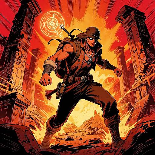 Comic-style illustration of a muscular ninja warrior, clad in dark gear, wielding a staff, standing in a fiery, crumbling temple.