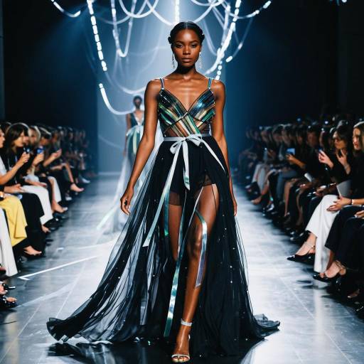 Black Female Model in Sheer Chiffon Gown on Runway