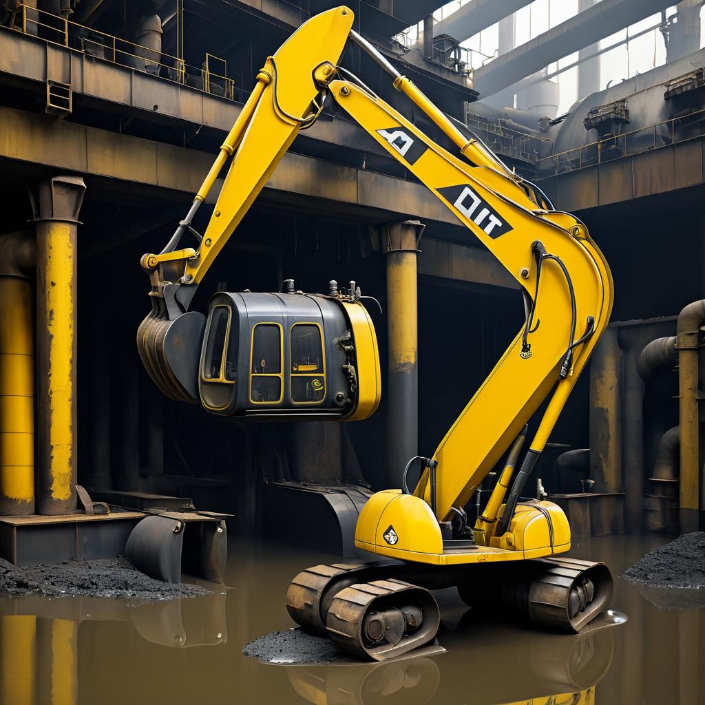 Curious Excavator in a Flooded Mill