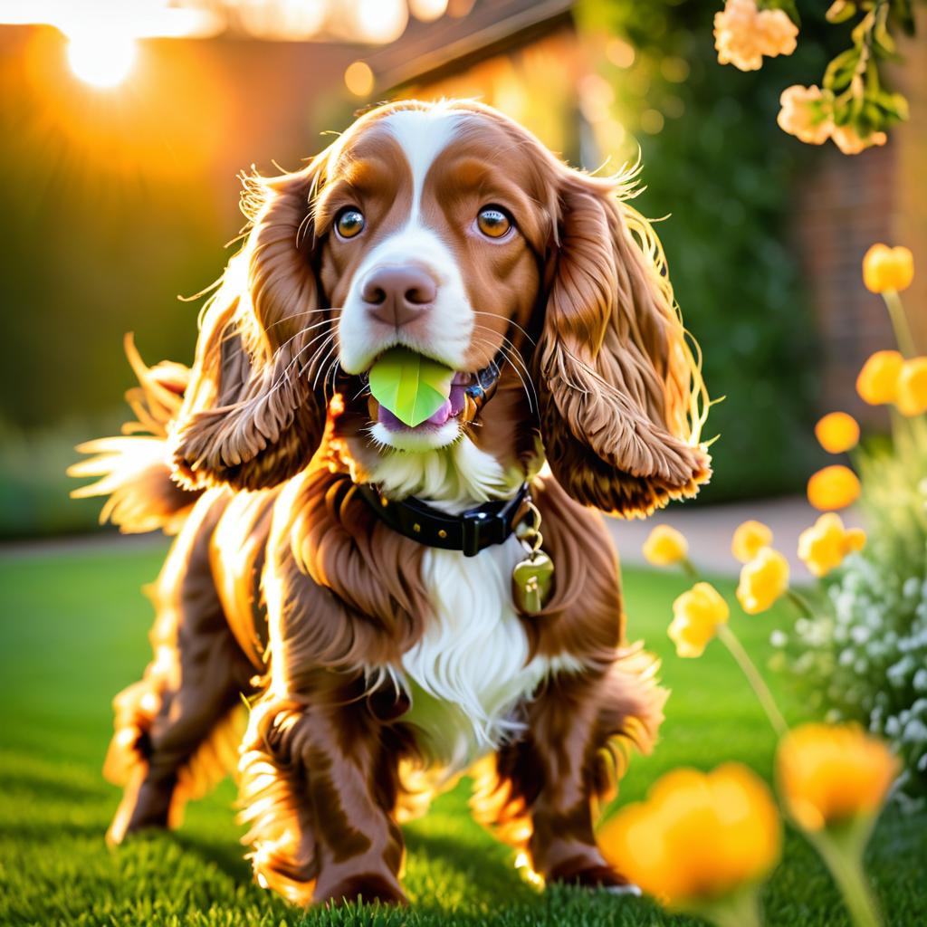 Sunset Cocker Spaniel in Blooming Gardens