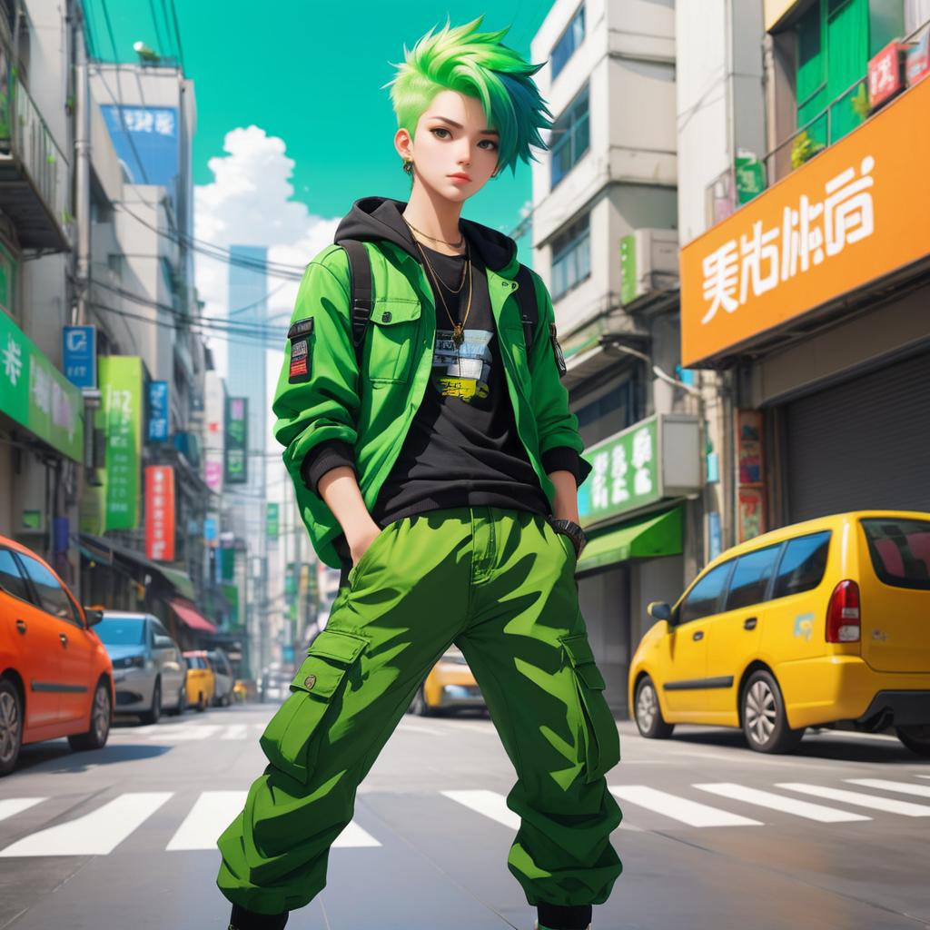 Vibrant Anime Boy in Urban Street