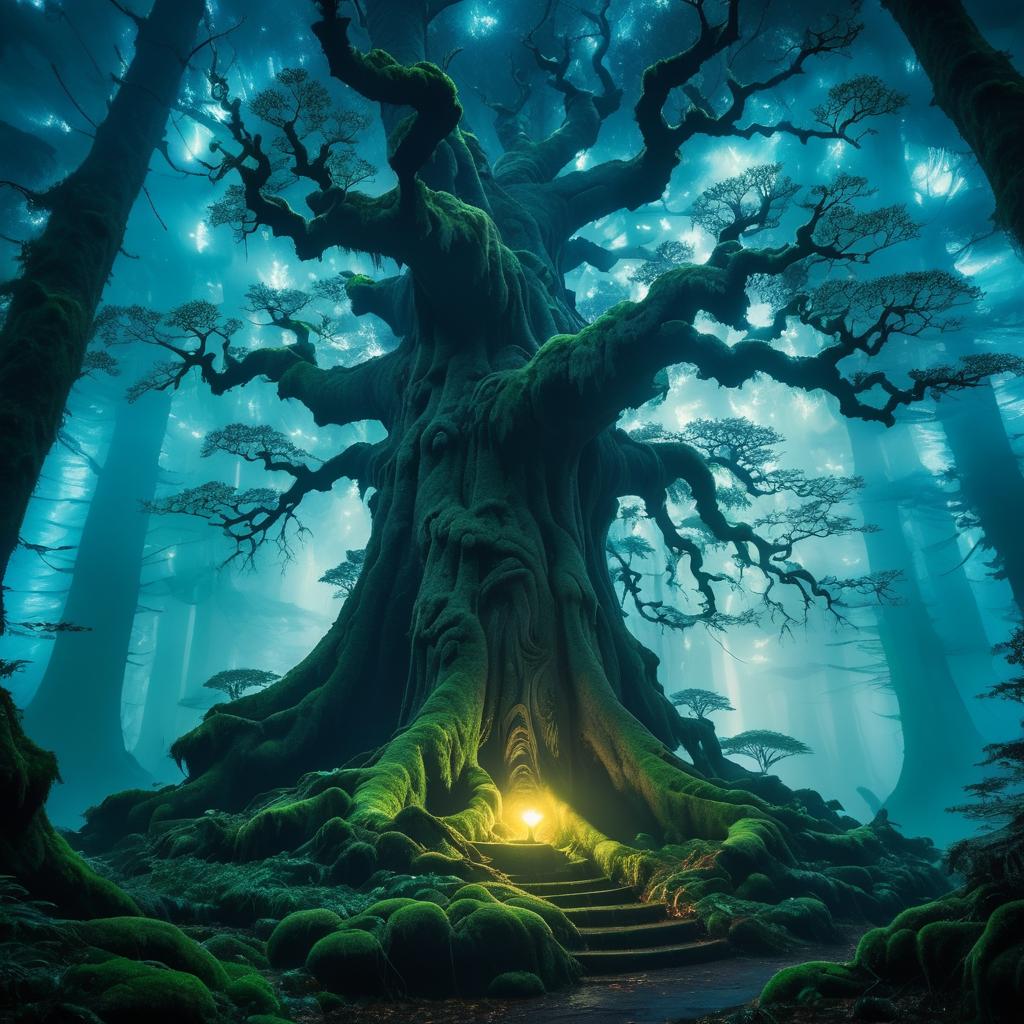 Enigmatic Tree in Misty Forest Scene