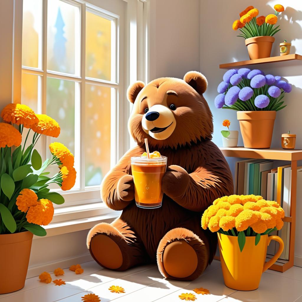 Charming Bear Enjoys Coffee and Flowers