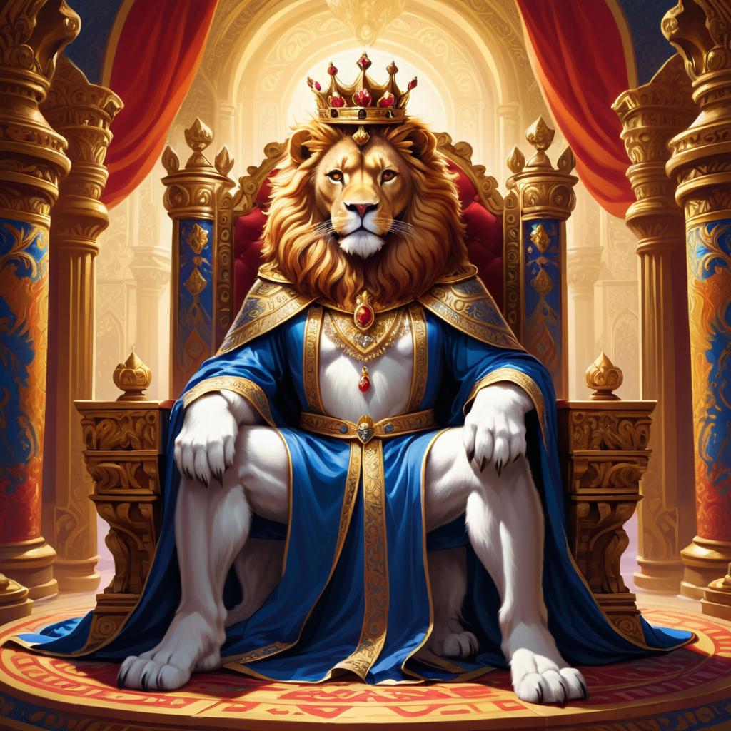 Regal Anthropomorphic Lion in Throne Room Art