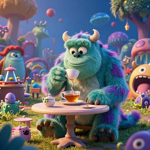 A colorful, CGI image of a blue, purple, and green furry monster with horns, sipping tea from a dainty cup at a round table