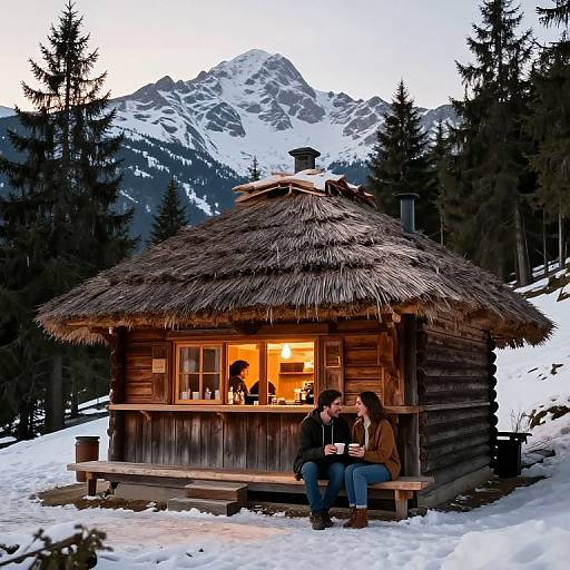 Photograph of a rustic wooden cabin with a thatched roof, snow-covered mountains, and a couple sitting outside, holding mugs, against a dark