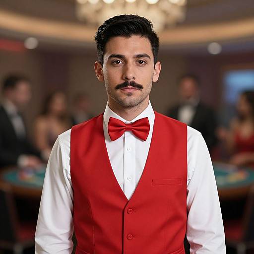 Photograph of a handsome young man with dark hair and mustache, wearing a red vest, white shirt, and red bow tie, standing in a
